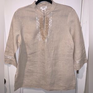 Kate Hill Petite 100% Linen Beaded Tunic Top‎ PL Neutral Embellished Boho